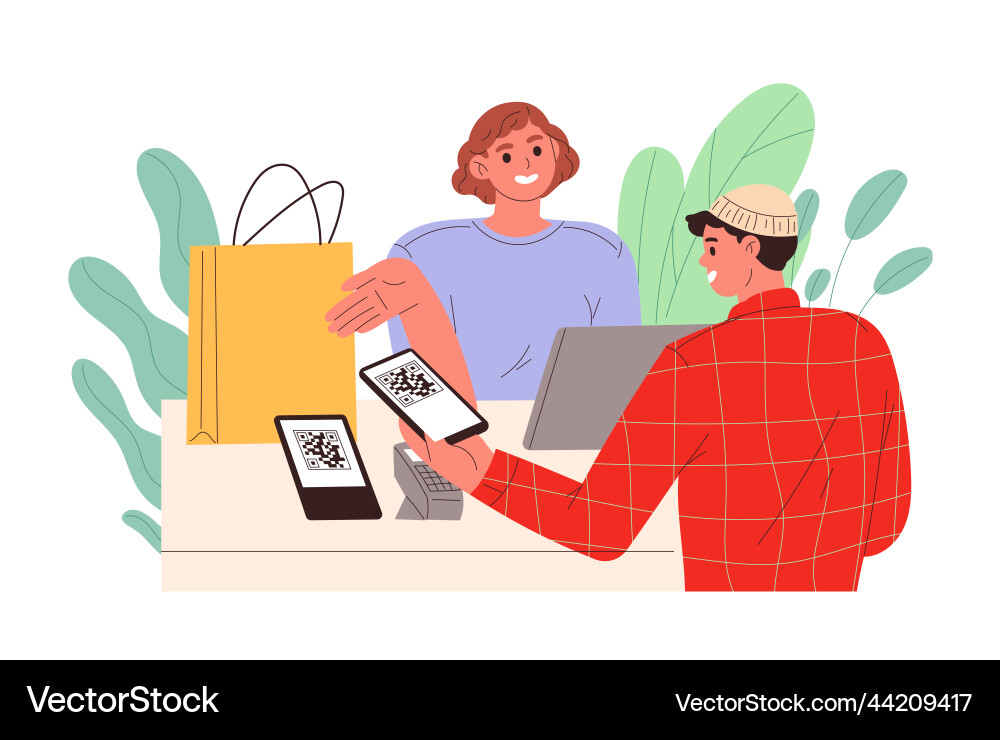 Man scans qr code at cash desk in store Man scans qr code at cash desk in store vector image