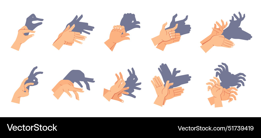 Set of hands creating various shadow puppet shapes Set of hands creating various shadow puppet shapes vector image