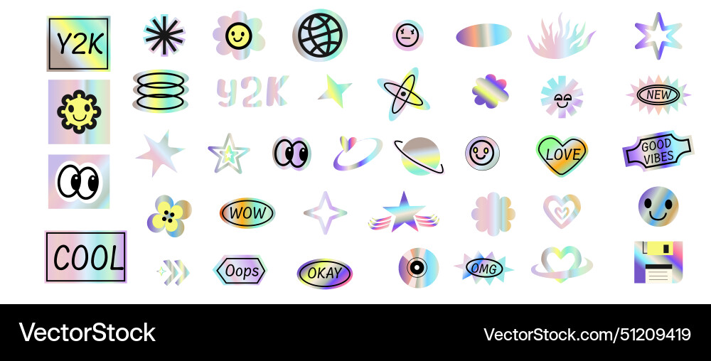 Y2k elements set with gradient hologram stickers Y2k elements set with gradient hologram stickers vector image