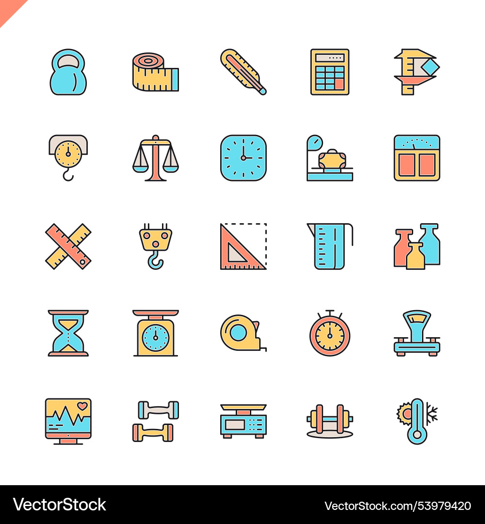 Flat line measuring measure elements icons set Vector Image