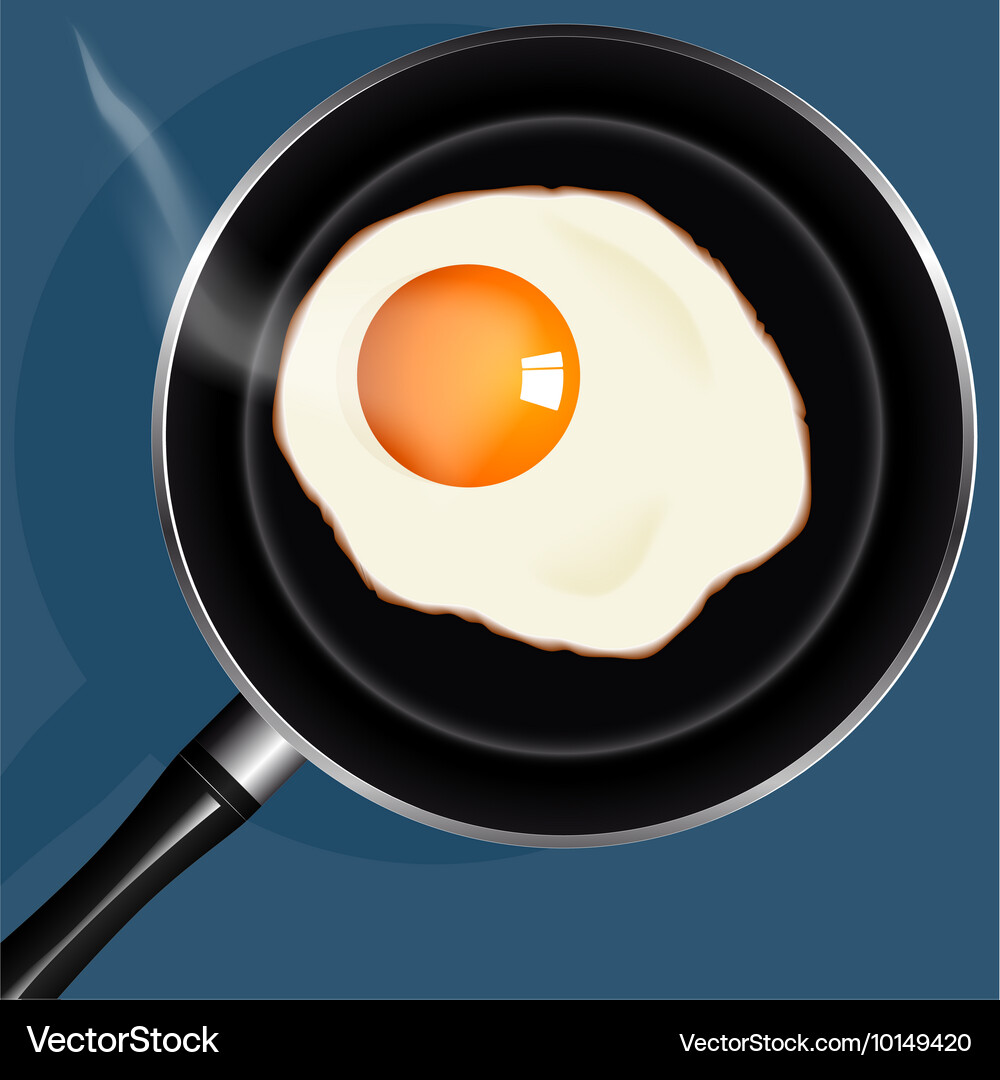 Fried eggs in pan with handle on table top view Vector Image