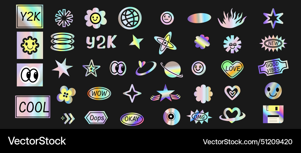 Y2k elements set with gradient hologram stickers Vector Image