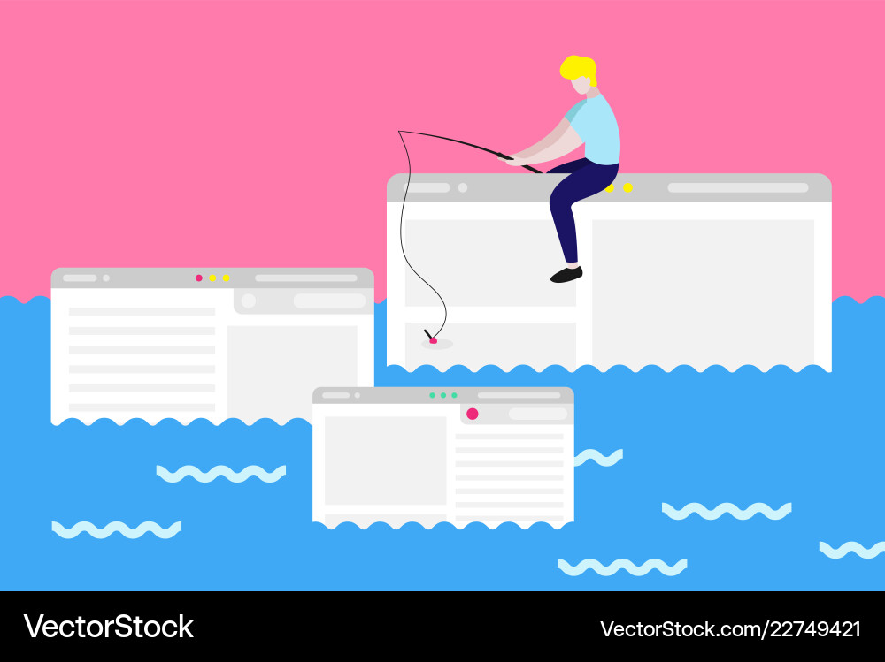 Man sit on computer window trying to catch webpage Man sit on computer window trying to catch webpage vector image