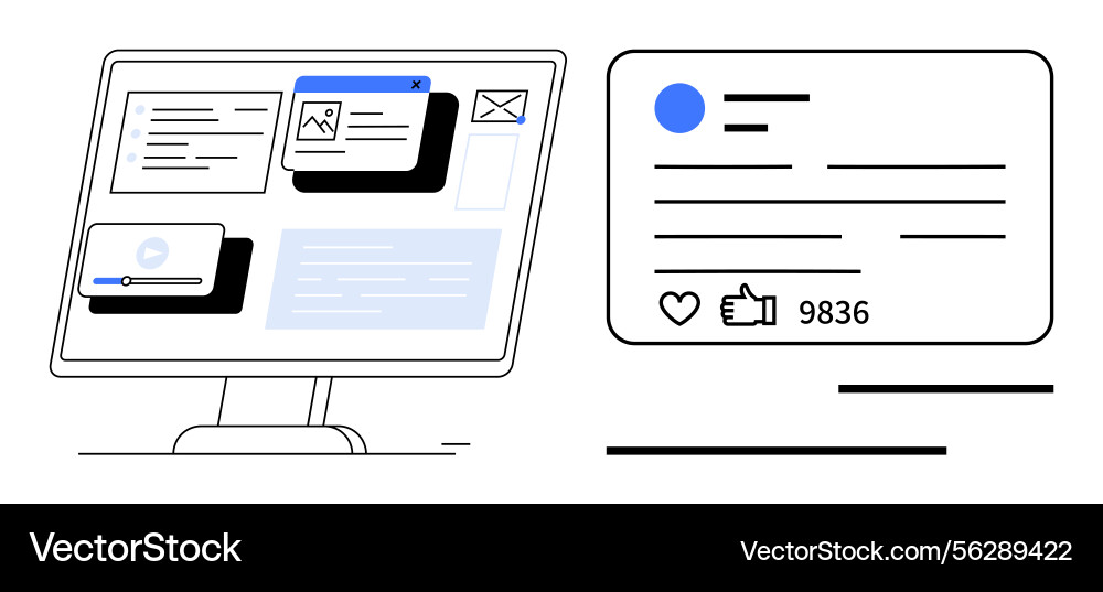 Digital workspace with computer screen and social Digital workspace with computer screen and social vector image
