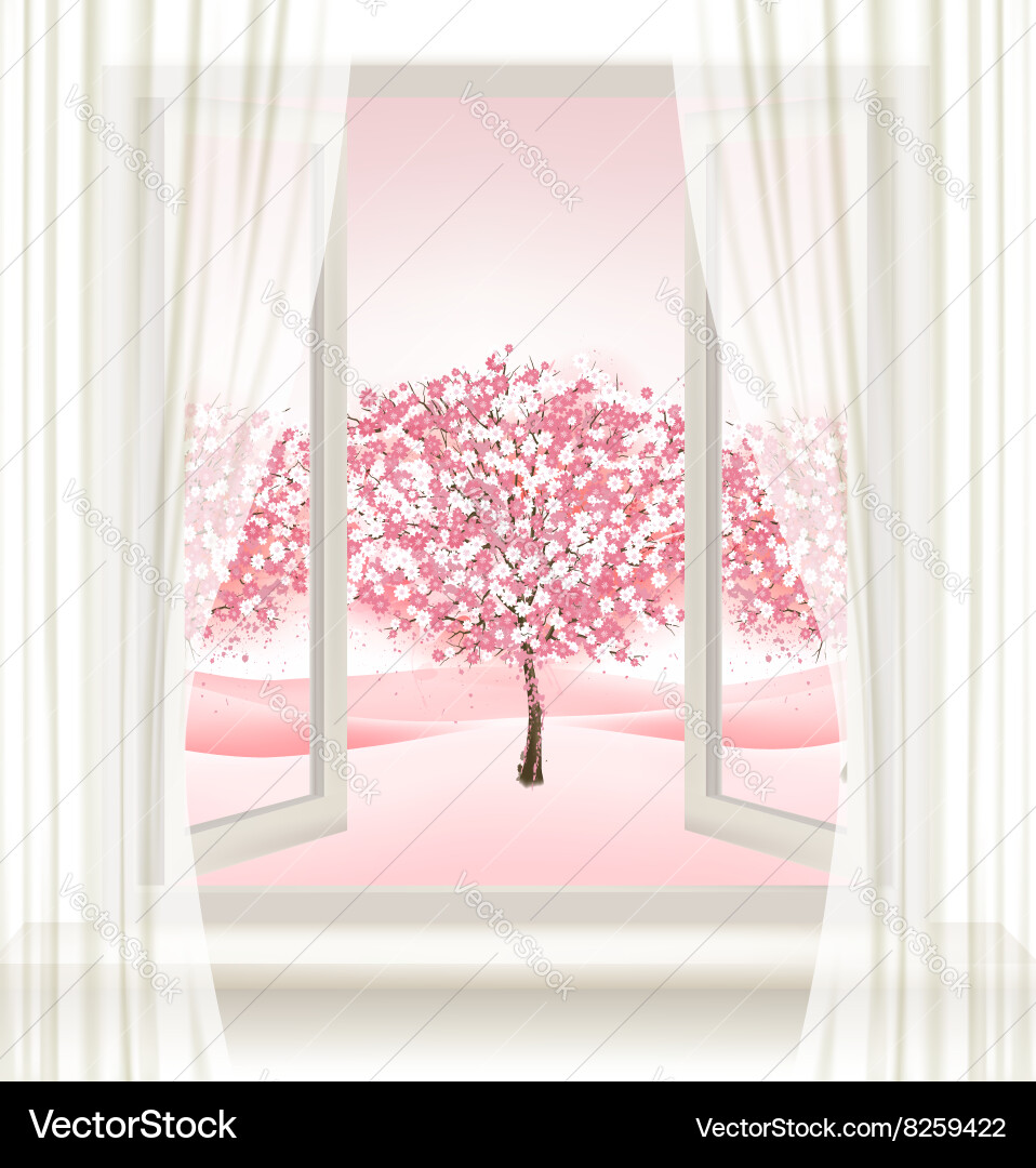 Pink Cherry Blossom Tree Through Window Royalty Free Vector