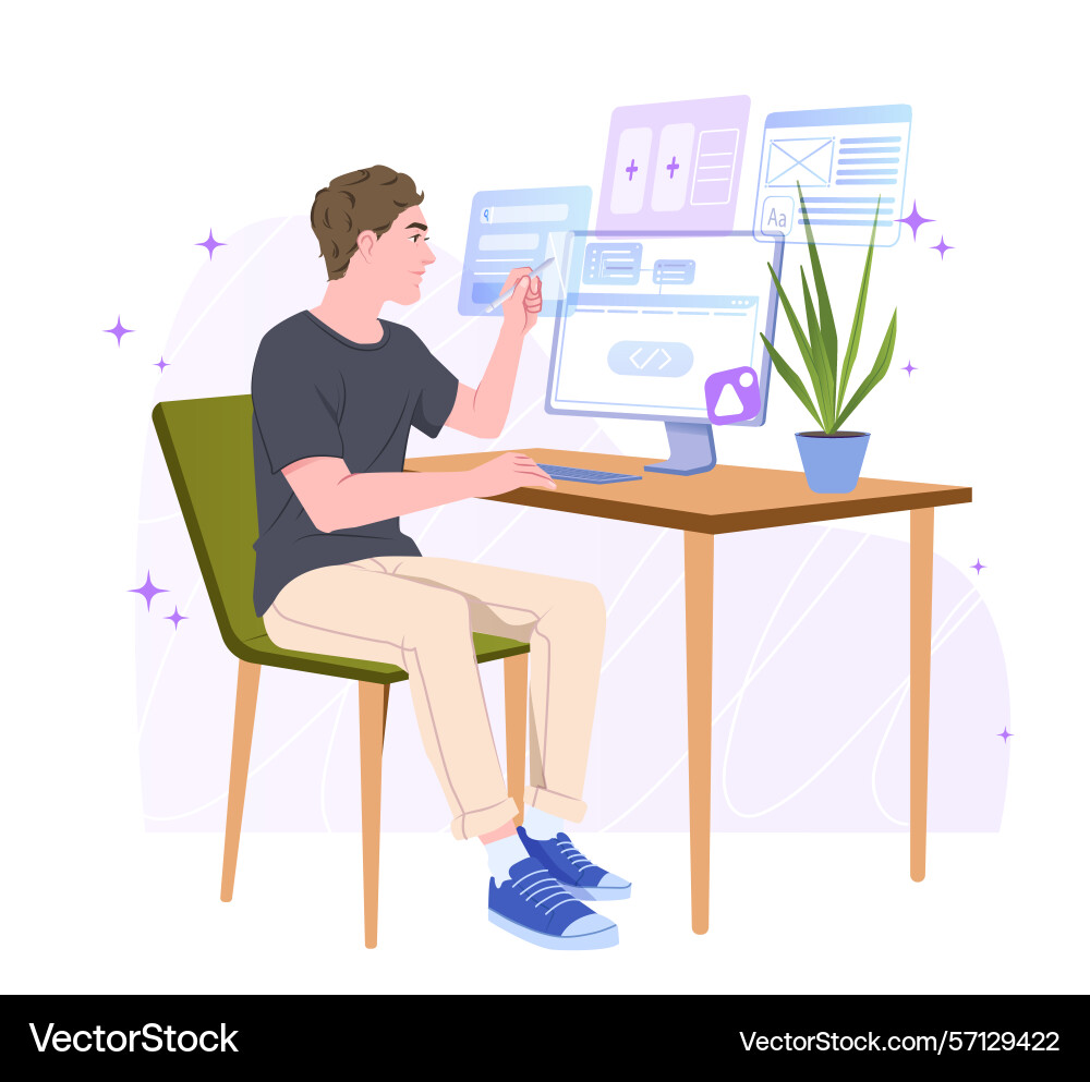 Young developer working at computer desk Vector Image