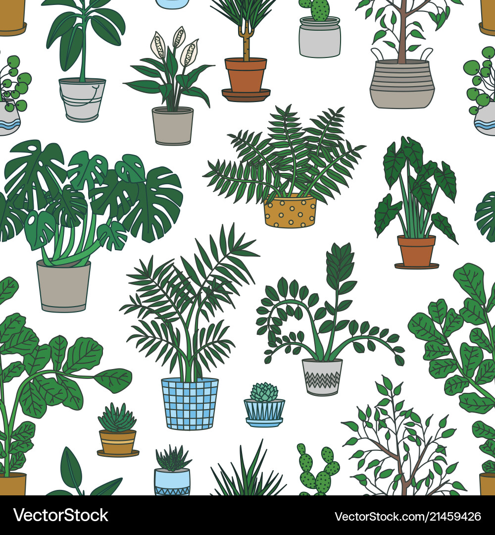 Houseplant Pattern - Green & White Vector Image