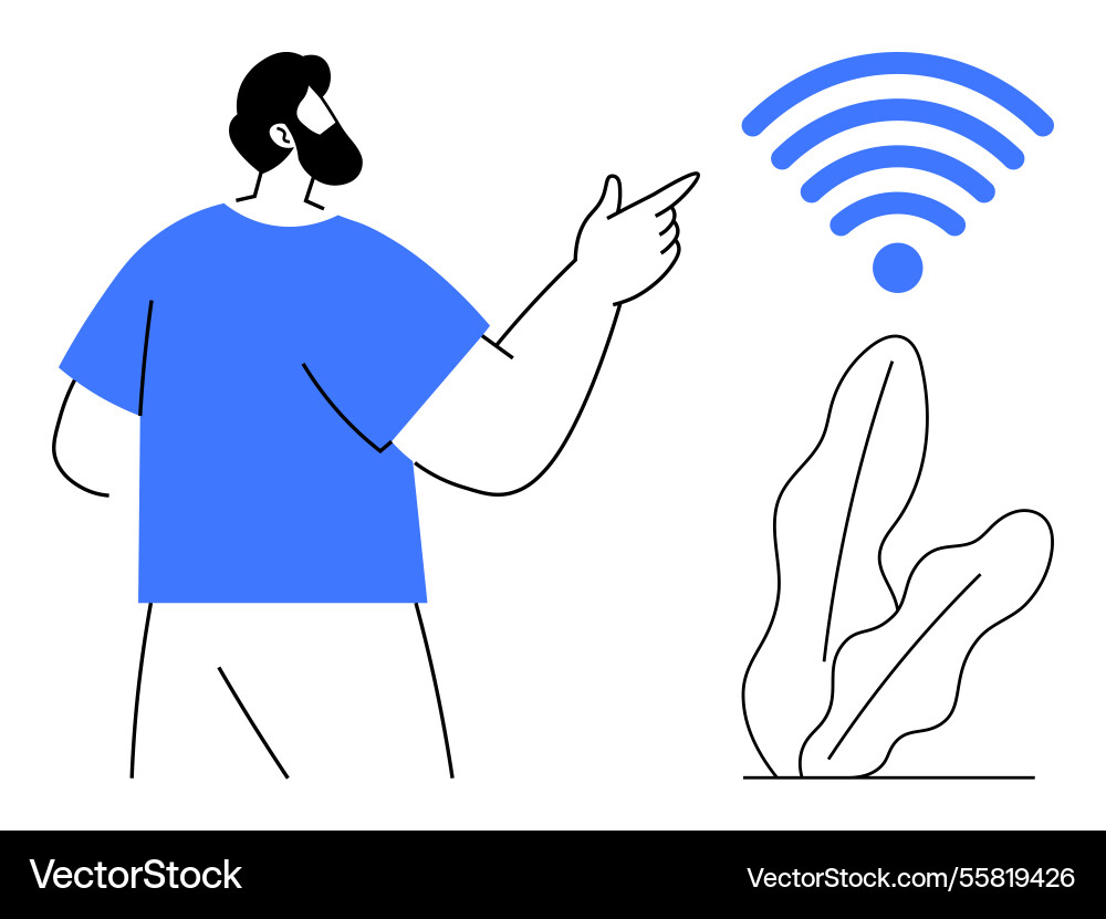 Man pointing at wireless signal icon near abstract Man pointing at wireless signal icon near abstract vector image