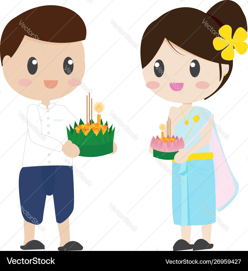 Cute thai couple on floating flowers loy krathong Cute thai couple on floating flowers loy krathong vector image