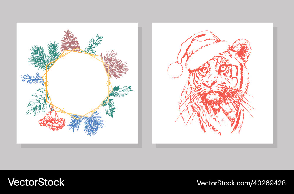 Frame tiger in christmas hat print on a postcard Frame tiger in christmas hat print on a postcard vector image