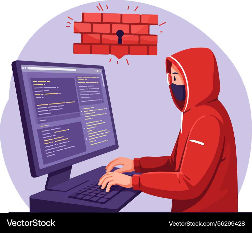 Hacker in red hoodie coding on computer Vector Image