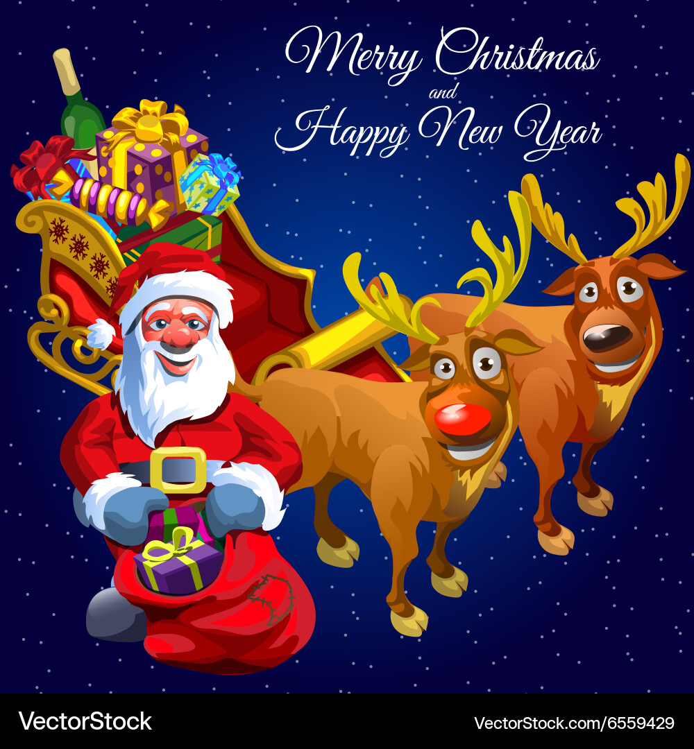 Santa claus and two deers with cart full of gifts Vector Image