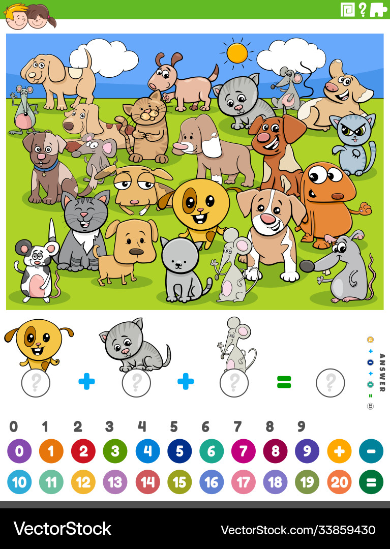Counting and adding task with cartoon animals Counting and adding task with cartoon animals vector image
