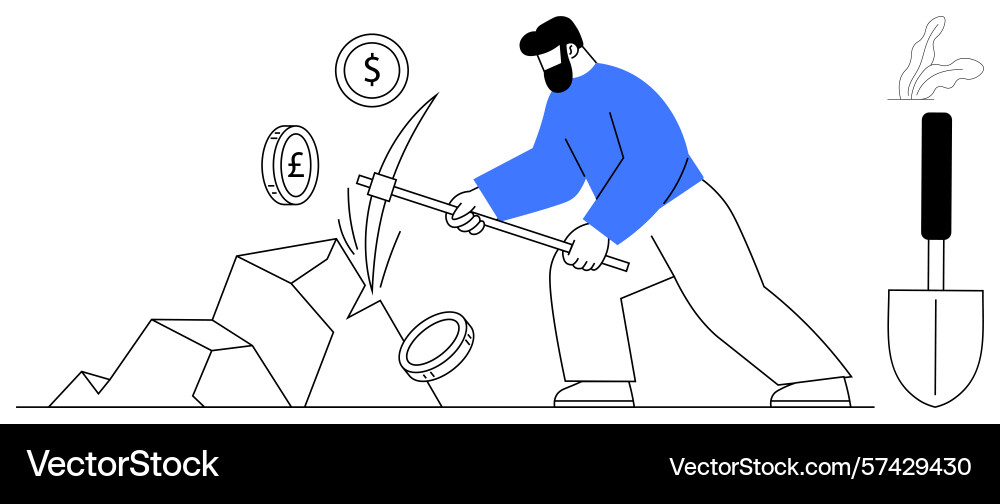 Man mining coins from rocks with pickaxe Vector Image