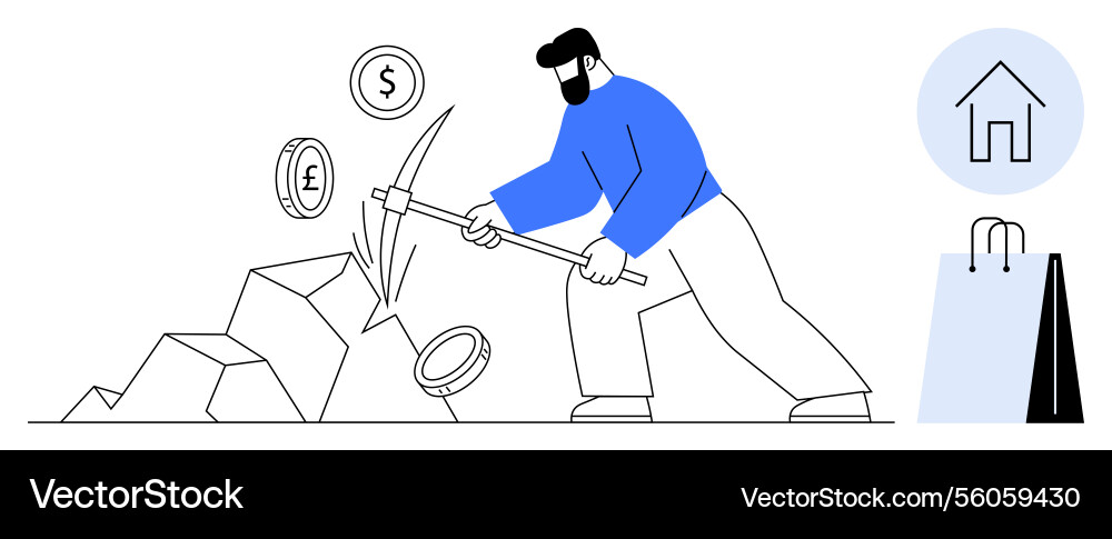 Man mining currencies with pickaxe surrounded Vector Image