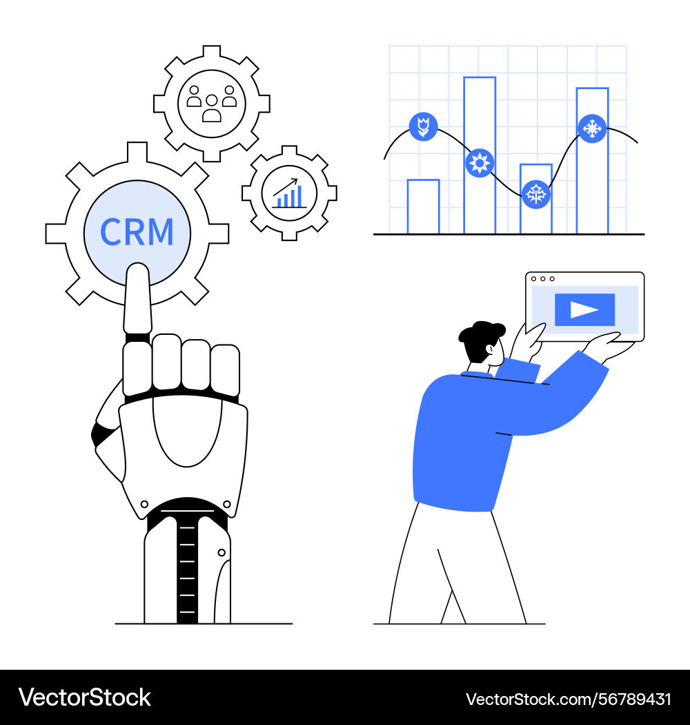 Robotic hand activating crm data analytics Robotic hand activating crm data analytics vector image