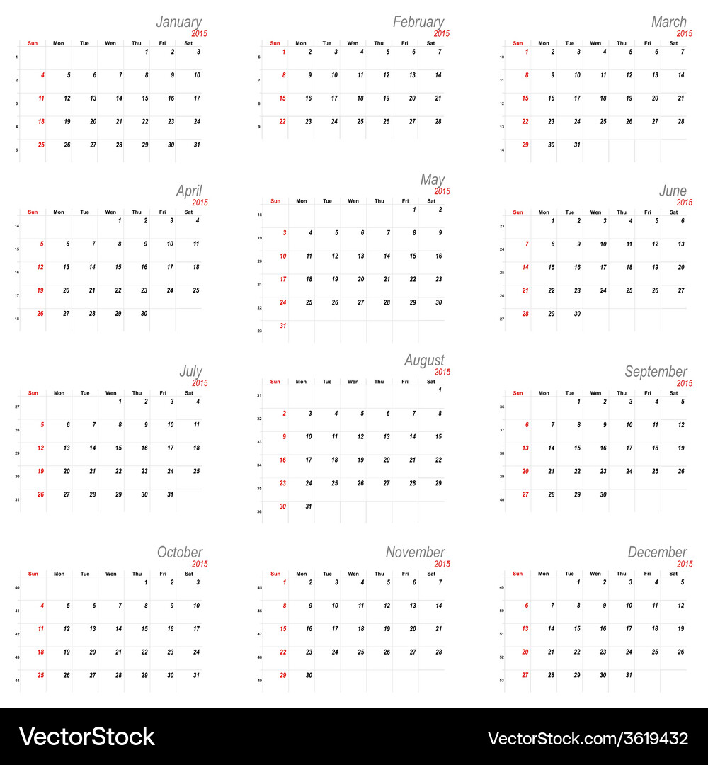Calendar for 2015 (3619432) – Royalty-Free Vector | VectorStock, image size:1000x1080
