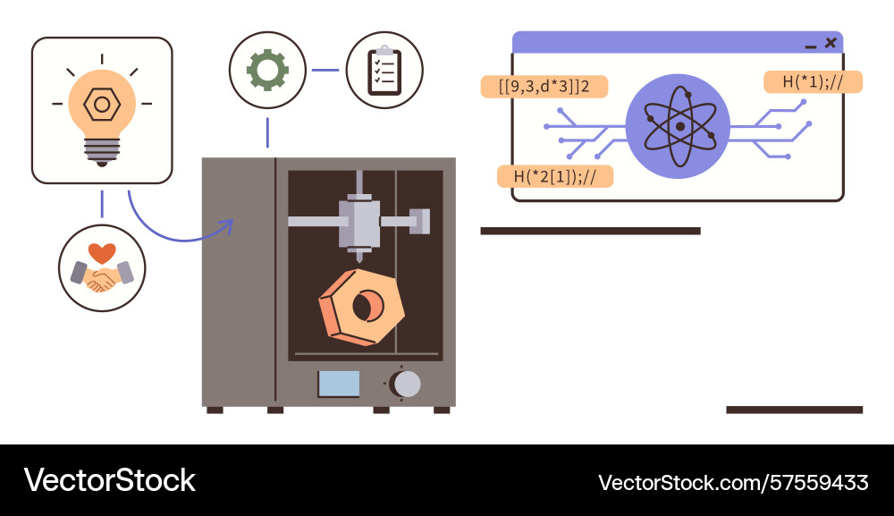 3d printer creating object with tech symbols 3d printer creating object with tech symbols vector image