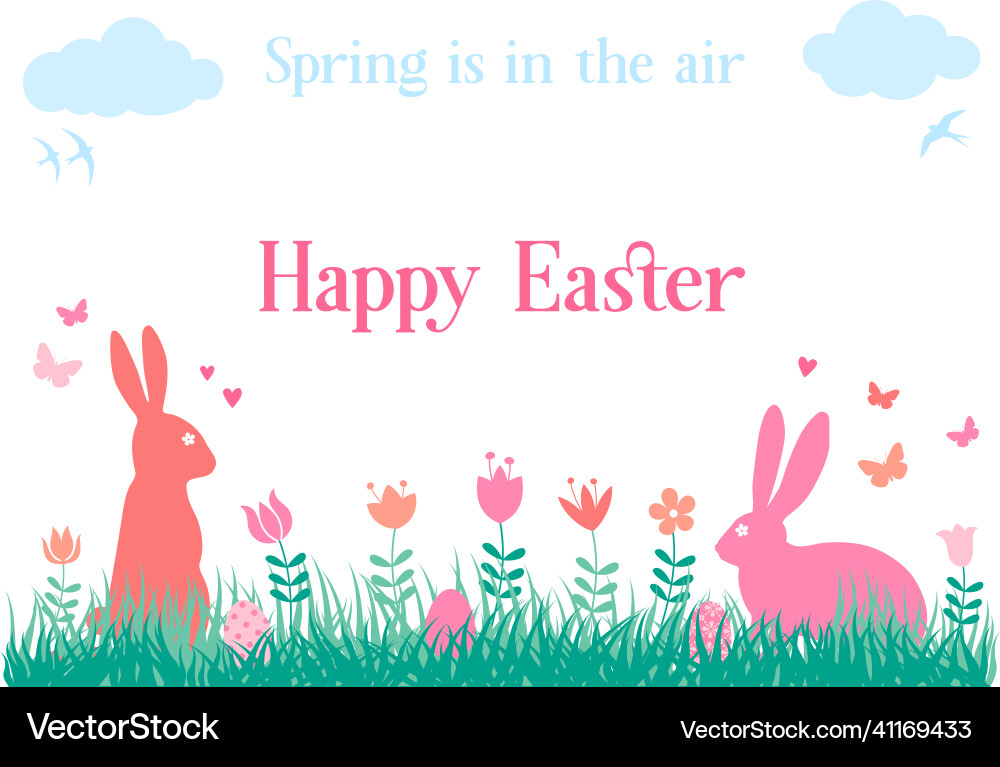 Easter bunny with grass and spring flowers Easter bunny with grass and spring flowers vector image