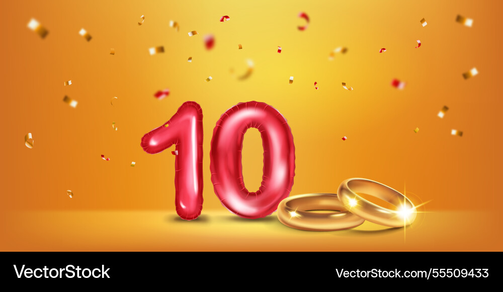 Rote Zahl 10 Gold Hochzeitsringe und Konfetti Rote Zahl 10 Gold Hochzeitsringe und Konfetti vektorbild
