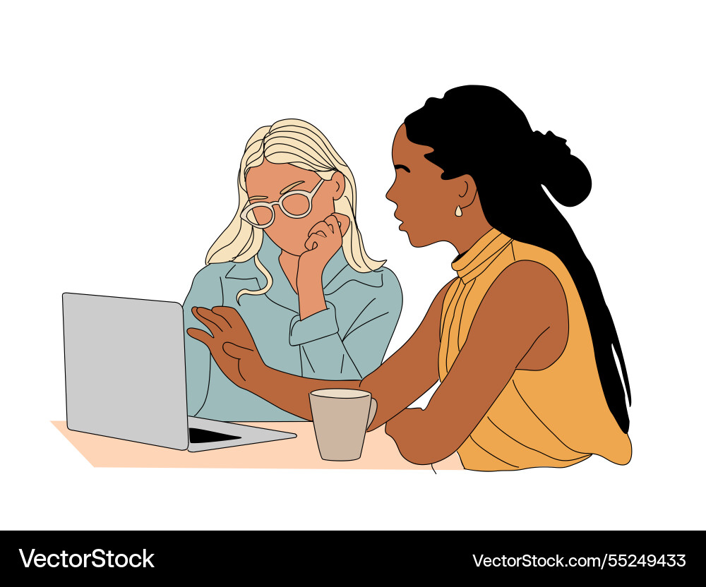 Two women are sitting at a table with laptop Vector Image