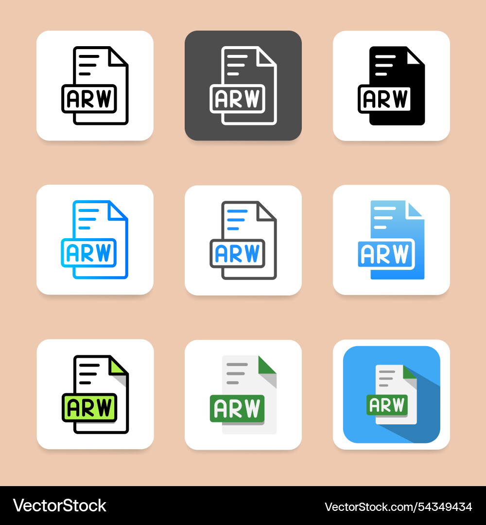 Set of arw file format icons in flat style Set of arw file format icons in flat style Vector Image