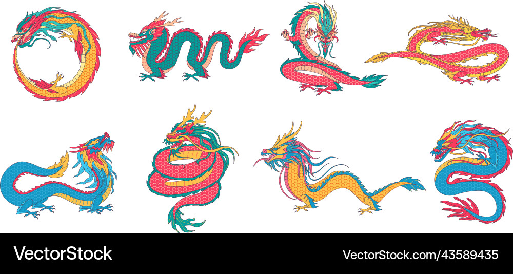 Asian dragons chinese mythological creatures Asian dragons chinese mythological creatures vector image