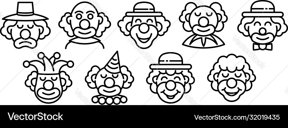 Clown icons set outline style Clown icons set outline style vector image