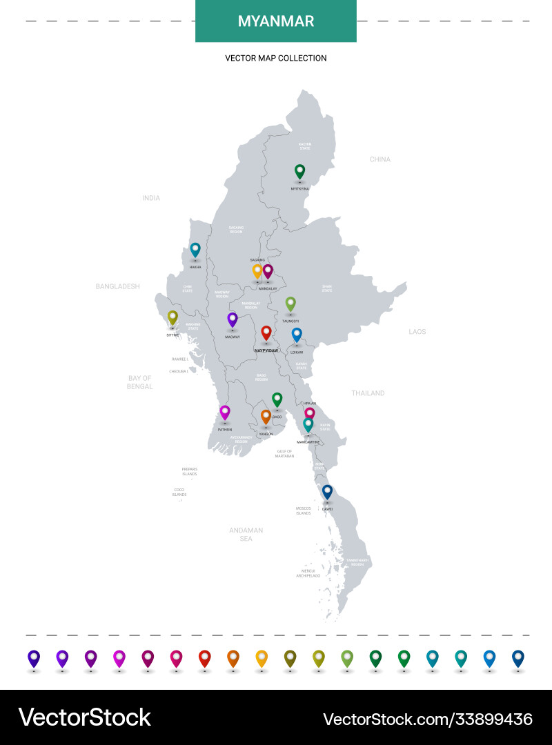 Myanmar burma map with location pointer marks Myanmar burma map with location pointer marks vector image
