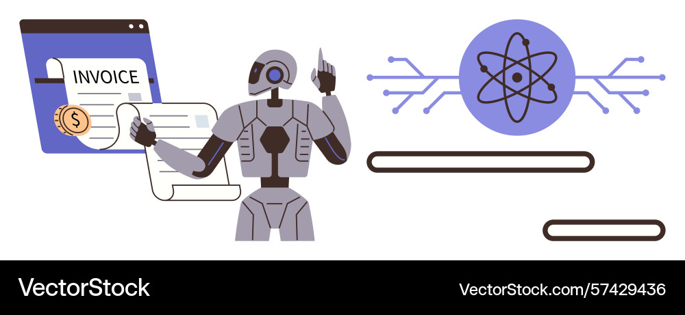 Robot assisting with digital invoice processing Robot assisting with digital invoice processing Vector Image