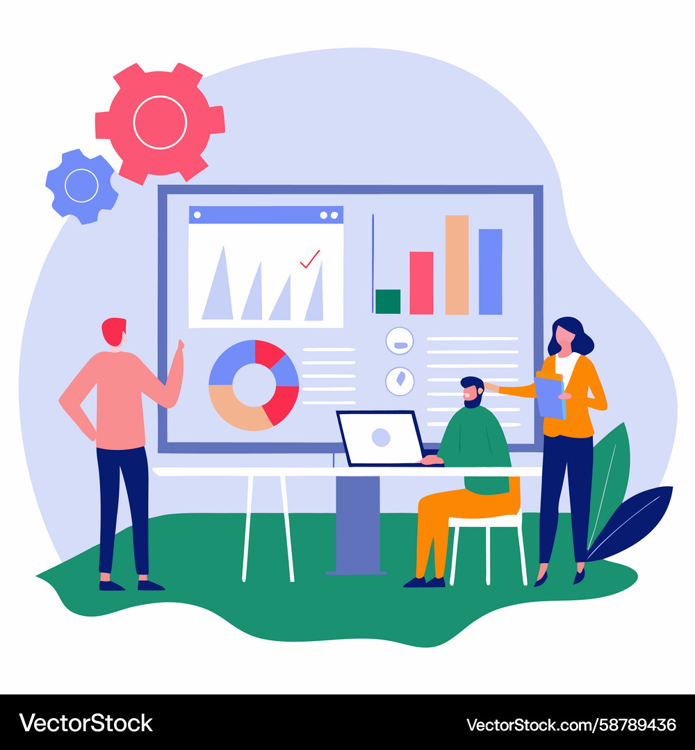 Team analyzing data on a large display Vector Image