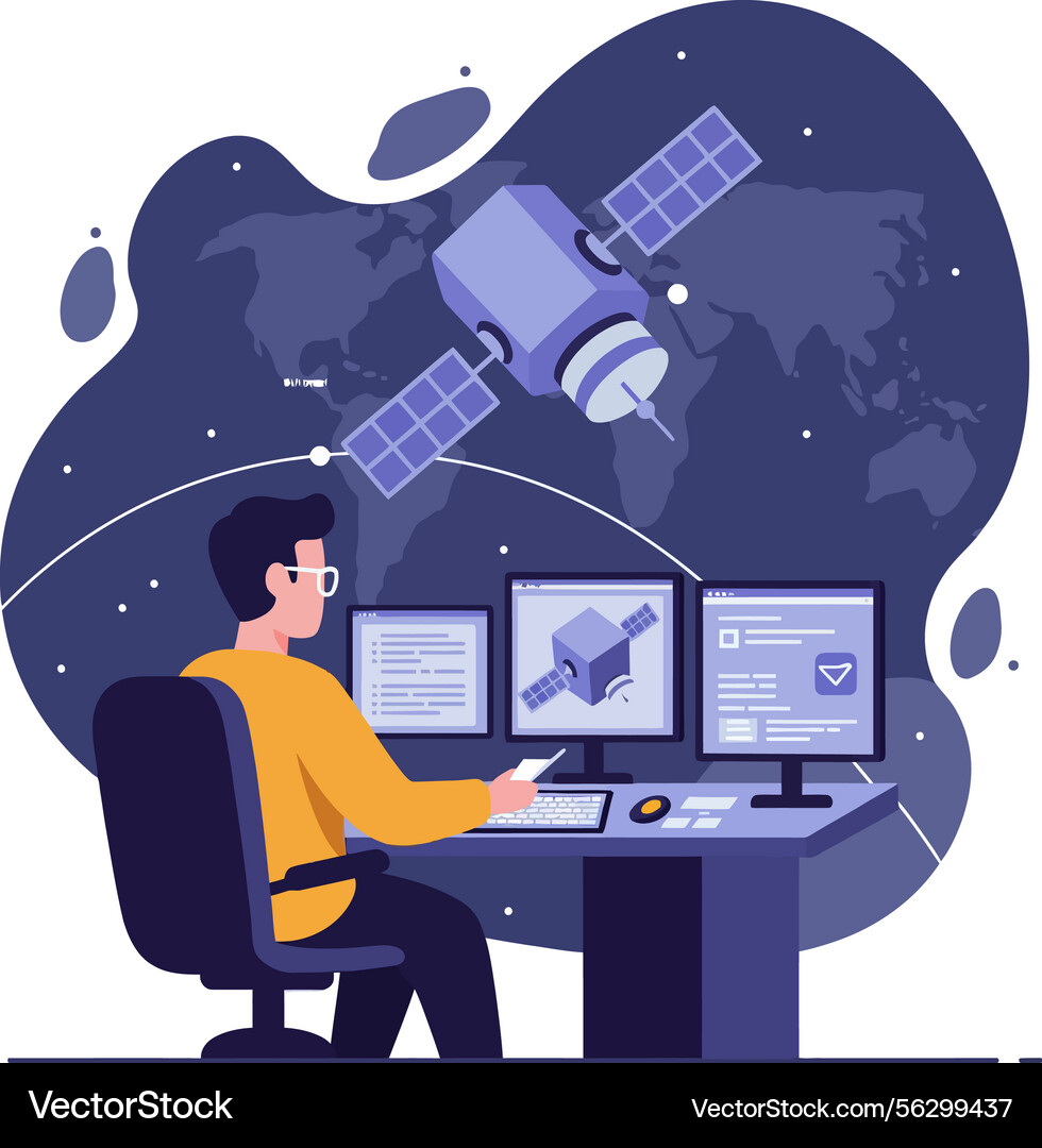 Man monitoring satellite data in modern control Man monitoring satellite data in modern control vector image