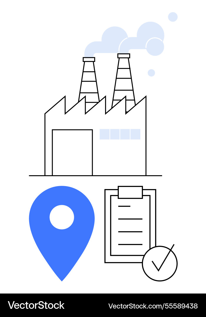 Factory with map marker checklist and tick Factory with map marker checklist and tick vector image