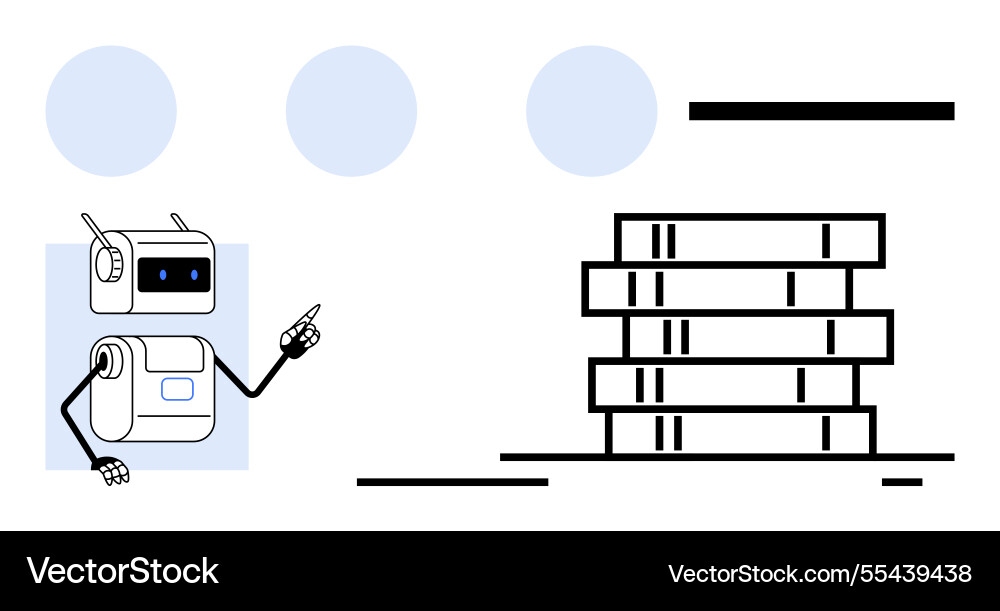 Friendly robot pointing at stack of books Friendly robot pointing at stack of books vector image