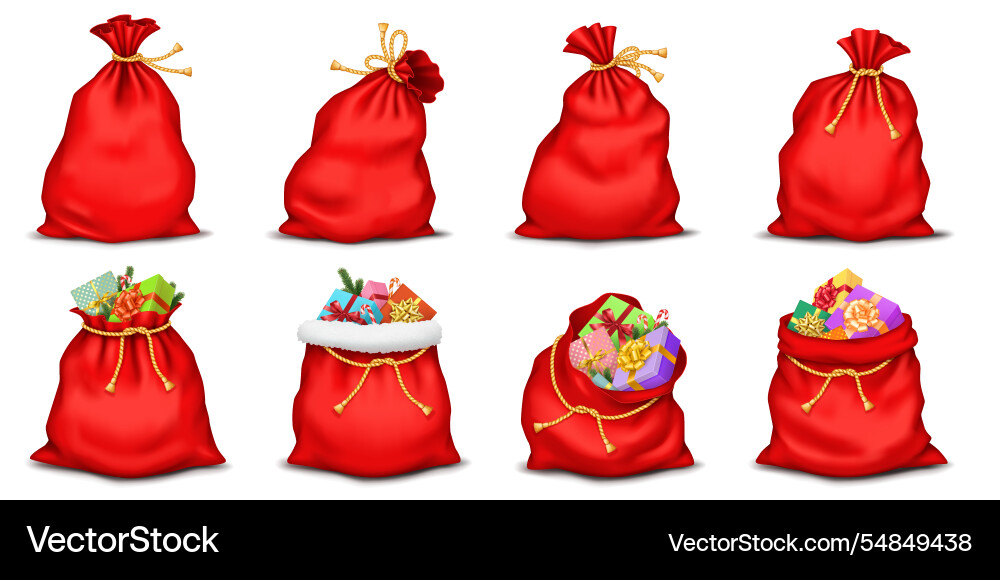 Santa claus bags with christmas gifts realistic Santa claus bags with christmas gifts realistic vector image
