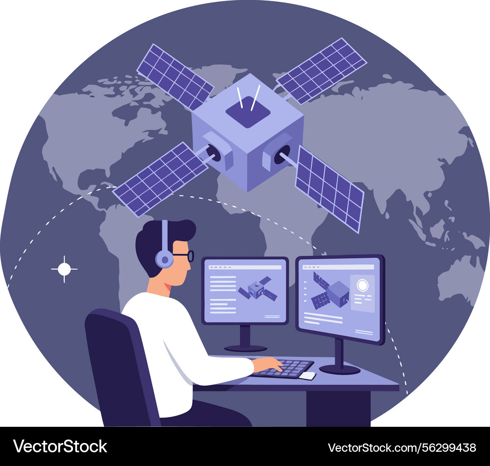 Satellite monitoring operator working with dual vector image