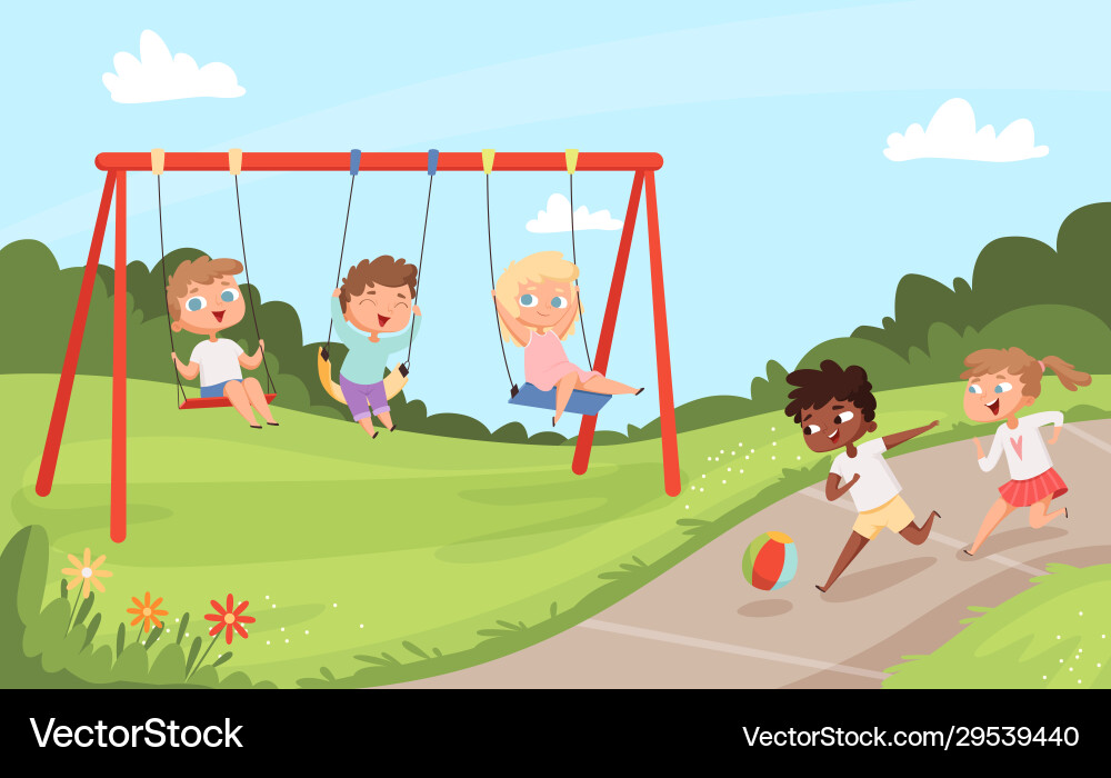 Kids swing rides outdoor happy walking Kids swing rides outdoor happy walking vector image