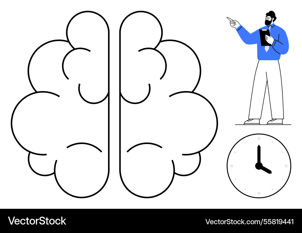 Brain with a man pointing and clock Brain with a man pointing and clock vector image