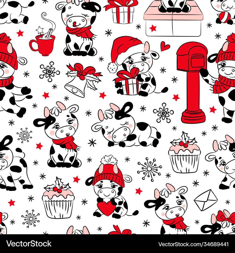 Bull christmas 2021 white seamless pattern Bull christmas 2021 white seamless pattern vector image