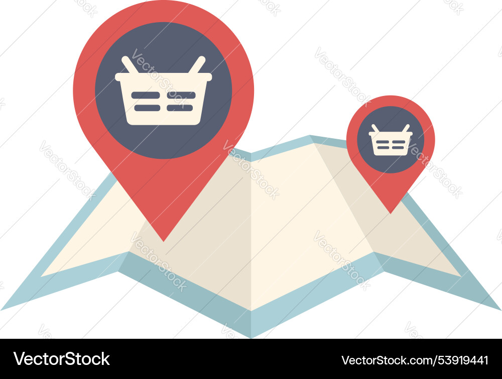 Shopping basket pinpointing locations on map Shopping basket pinpointing locations on map vector image