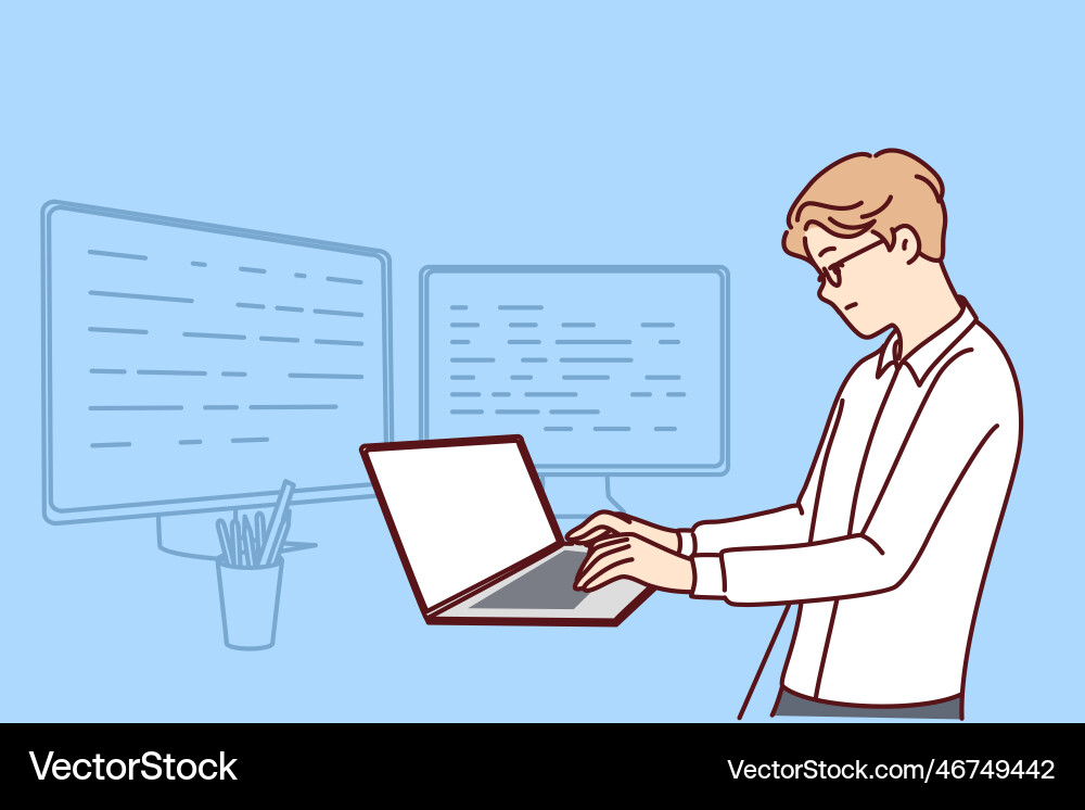 Man software developer is standing at table Man software developer is standing at table vector image