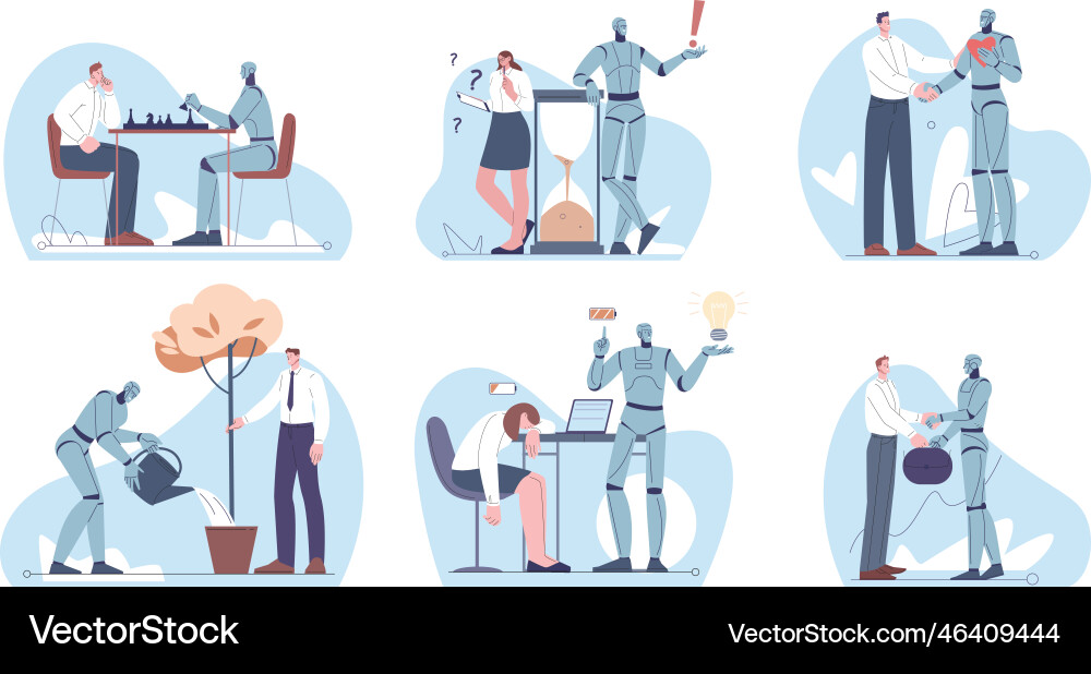 Android robotics and people work robot vs human Android robotics and people work robot vs human vector image