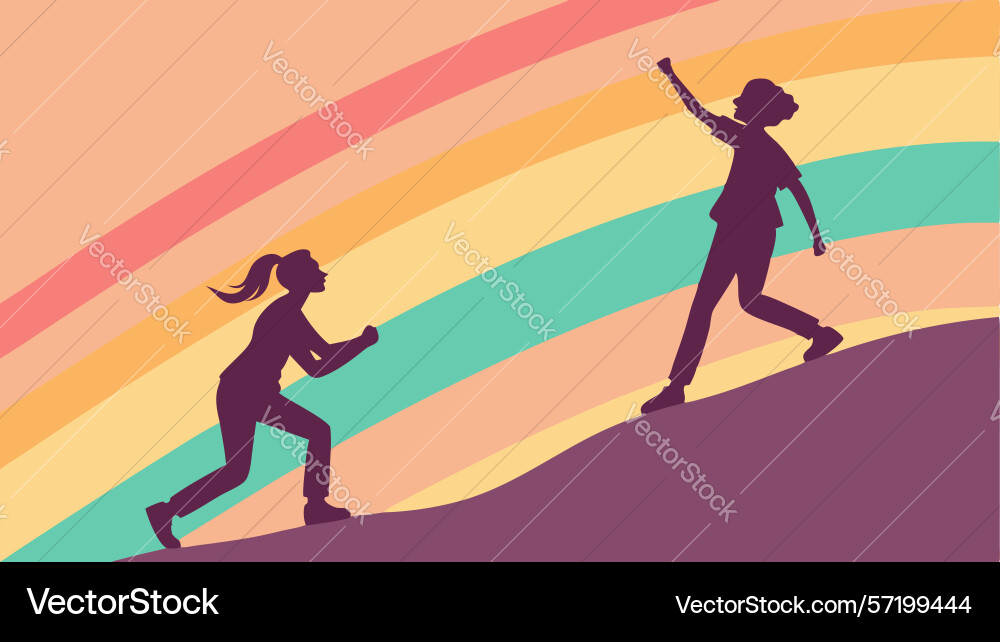 Dynamic duo running on rainbow path teamwork vector image
