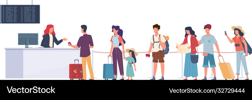 Tourists in queue air flight check passengers Tourists in queue air flight check passengers vector image
