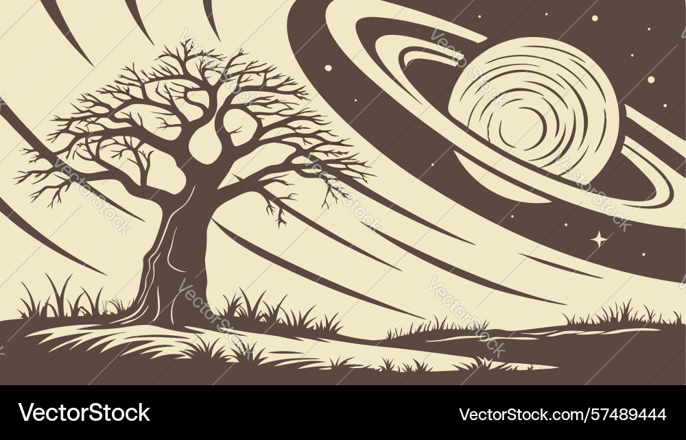 Tree with orbiting planets surreal cosmic Vector Image