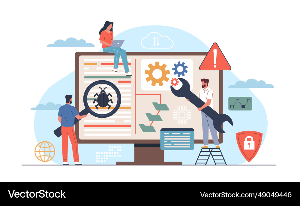 Mobile application testers finding and correcting Mobile application testers finding and correcting vector image