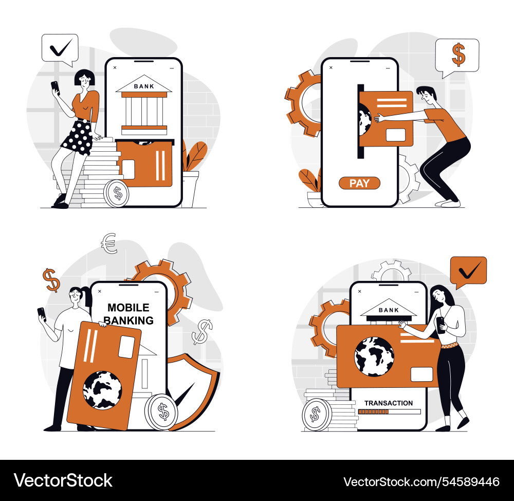Mobile banking concept set in flat design for web Mobile banking concept set in flat design for web vector image