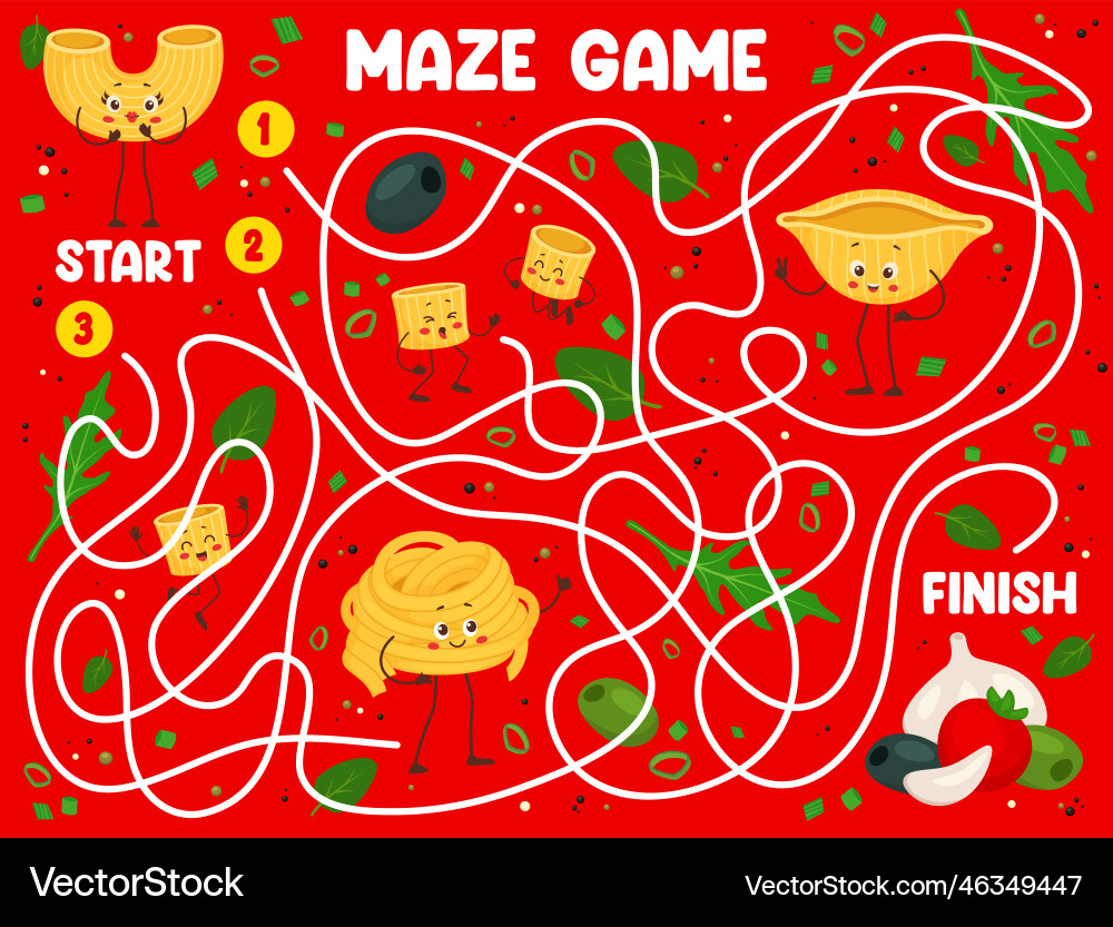 Labyrinth maze game cartoon italian pasta Labyrinth maze game cartoon italian pasta vector image