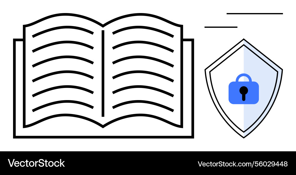 Open book next to security shield with lock Open book next to security shield with lock vector image