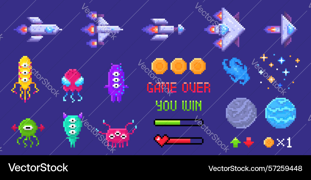 Retro pixel space invader game assets Retro pixel space invader game assets vector image
